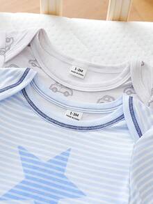 SHEIN 新生儿优雅简约低饱和度保暖汽车星星印花信封领连体衣、连脚裤和可爱波点印花帽子四件套舒适套装 - 藍色 - 查看 5