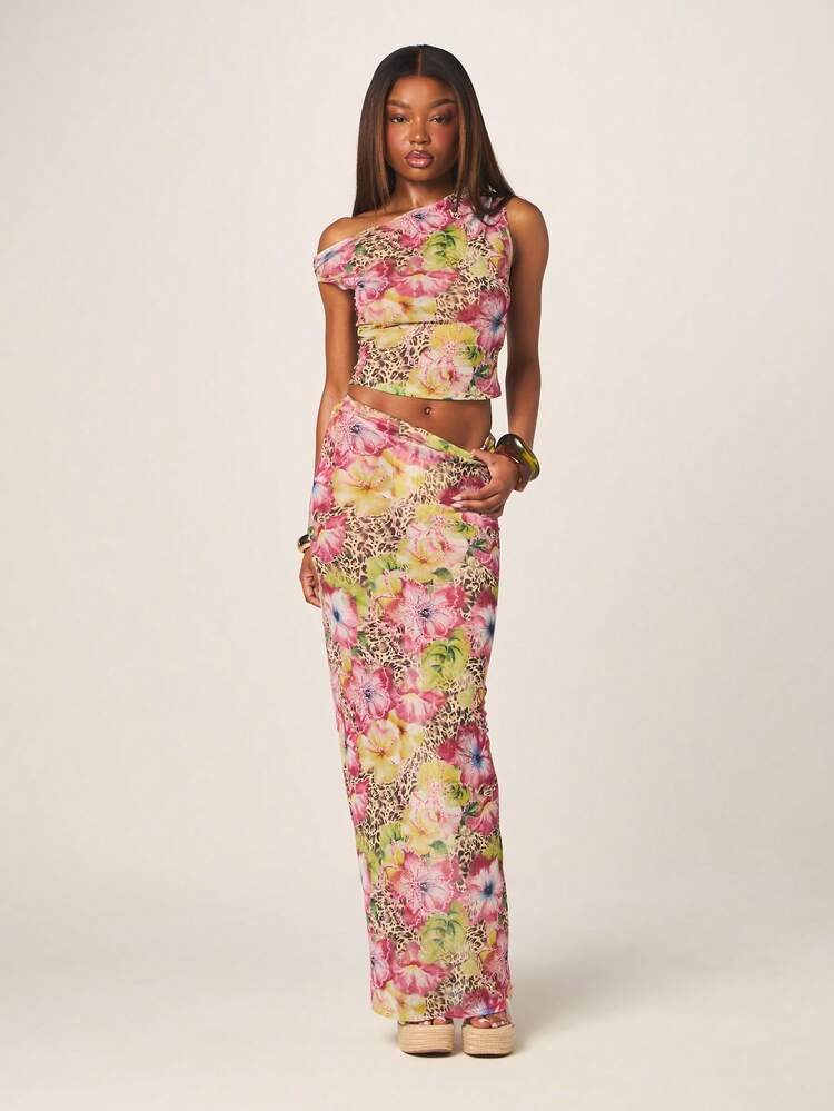 MISSGUIDED Women's Floral Leopard Print Maxi Skirt With Sequin Flower Applique Details Bohemian High Waist Long Flowing Summer Bodycon Skirt
