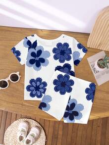 Spring And Summer 2-Piece Outfit For Baby Girls, Casual Fashionable Creative Floral Print T-Shirt And Bike Shorts Set, Comfortable Daily Wear - Multicolor - View 2