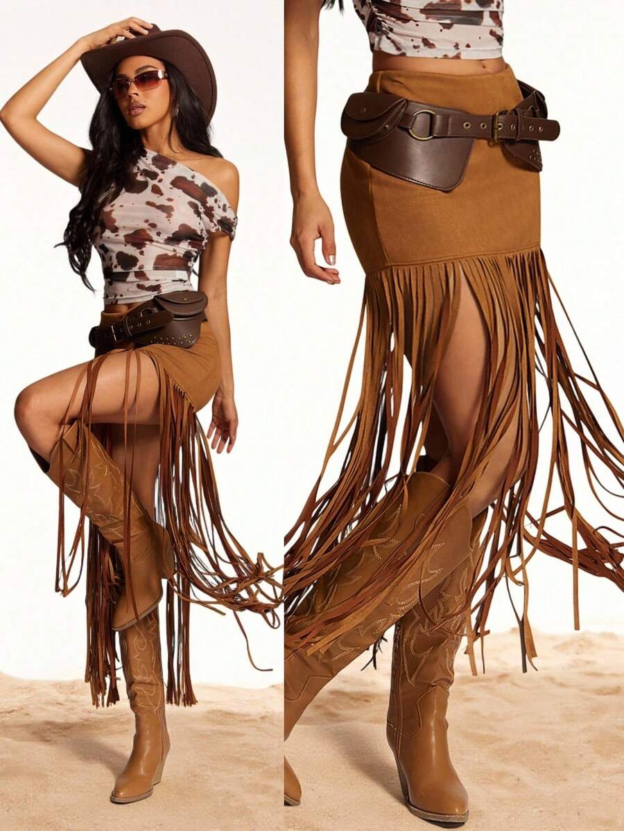 Radiana 女士性感简约棕色低腰弹力绒面流苏半身裙，低腰长裙，复古西部流苏裙，西部乡村音乐节风格，适合休闲外出、音乐节、演唱会、派对、街头风等场合。 - 棕色 - 查看 1