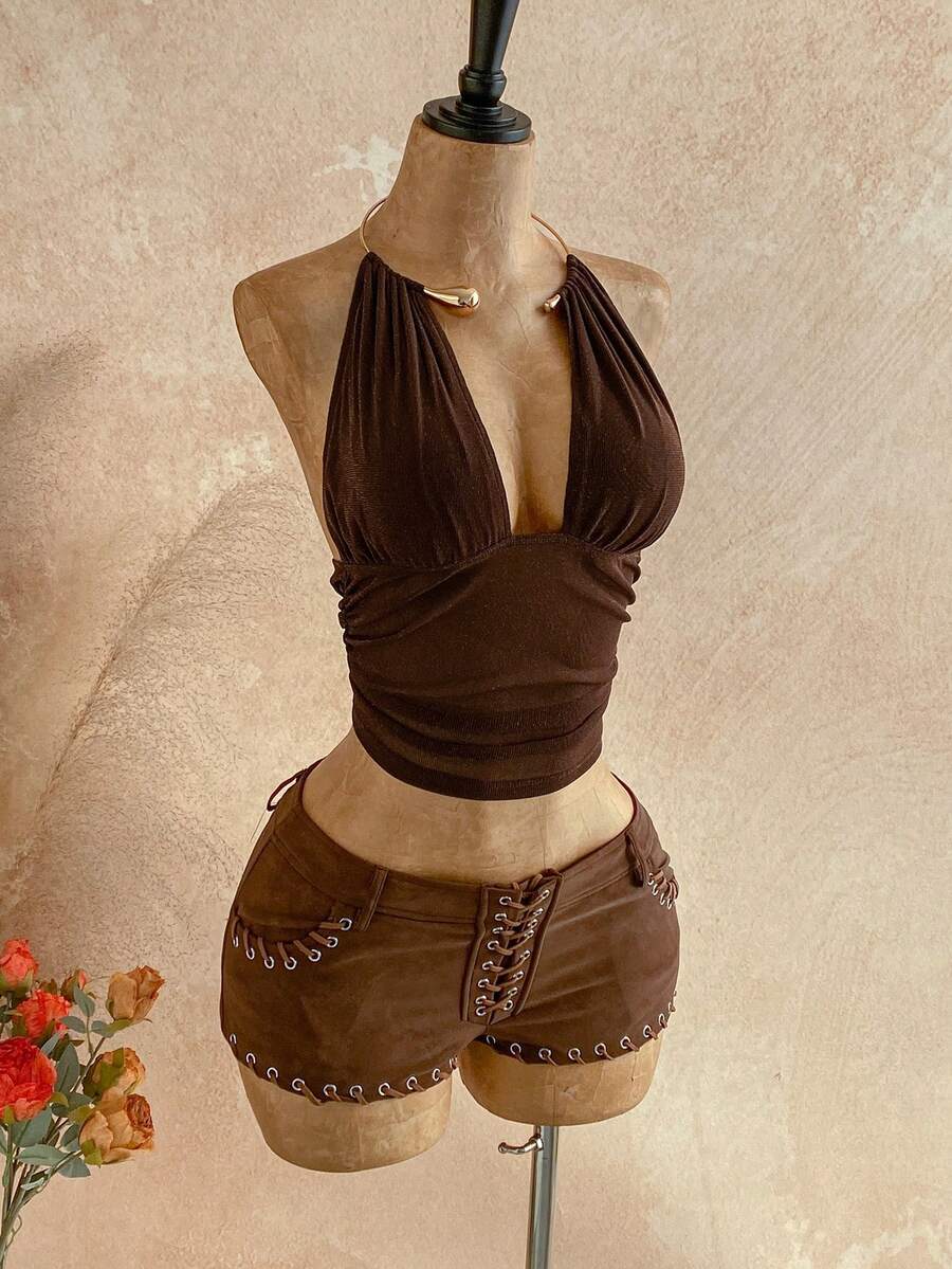 Soleia Nueva Top de punto con cuello de halter con acento metálico, adecuada para vacaciones, citas, té de la tarde, playa, crucero, viaje por carretera, festival de música, vacaciones bohemias - Marrón - Ver 1