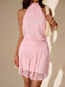 Glamine Romantic Lace Halter Backless Dress For Women - Pink - View 7