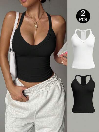 Velisys 1pc Women Plus Size Sleeveless Sports T-Shirt Vest, Black & White Seamless Knit Stretchy Sexy Yoga Golf Outdoor Casual Sports Tank Top Suitable For Yoga, Golf, Running, Cycling, Fitness, Outdoor Leisure