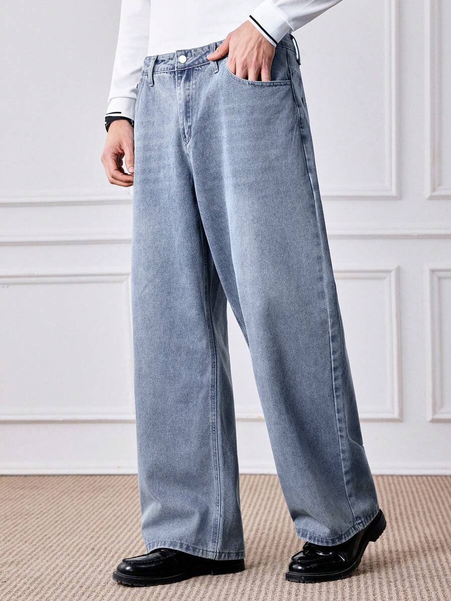 Officeau 1件 Hearty Haven 男士宽松直筒水洗牛仔裤，休闲百搭（不含腰带或配饰） - 淺色水洗藍 - 查看 1