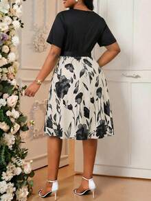 SHEIN Lady Đầm midi tay ngắn dáng xòe cổ tròn, thắt lưng, tay ngắn, màu sắc rực rỡ, phong cách boho, thanh lịch, thích hợp cho công sở và đi làm, cỡ lớn. Trang phục mùa hè cho nữ, đầm hè cho nữ, trang phục công sở cho nữ, đầm đi nghỉ mát, quần áo mùa hè cho nữ. - Nhiều màu - Xem 2