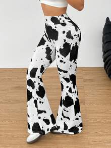 SHEIN EZwear 女士奶牛纹针织休闲音乐节喇叭裤 动物纹喇叭裤 奶牛纹裤 黑白喇叭裤 奶牛纹打底裤 喇叭奶牛纹裤 女士裤子 女士高腰裤 阔腿裤 女士高腰喇叭打底裤 - 黑與白 - 查看 4