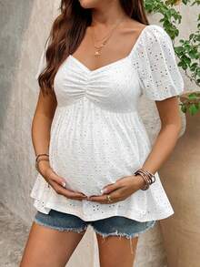 SHEIN Camisa de maternidad de verano casual de unicolor con bordado calado - Blanco - Ver 3