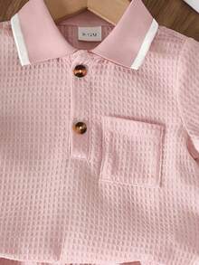 SHEIN Bộ 2 món đồ bé trai sơ sinh màu hồng, áo polo ngắn tay và quần short lưng thun, phong cách thường ngày mùa hè, phối màu tương phản, bo gân, size 3M-3T, đồ gia đình đồng bộ - Hồng - Xem 5