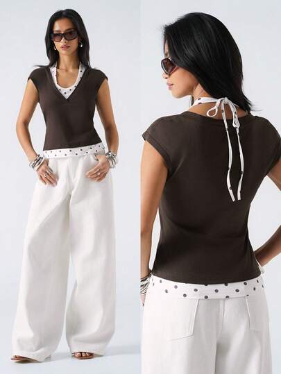 LYSMO 2026 New Arrive Minimalism Spring/Summer Women's Summer Casual Polka Dot Print Patchwork Batwing Sleeve T-Shirt/Summer /Summer Outfits /Summer Tops/Summer Clothes /Summer Outfits For Women/ Summer Top /Summer Outfit For Women/ Spring Outfit Women /Spring Clothing /Spring Clothes Women/ Spring Break Outfits / Spring Outfit /Spring Clothes /Party Top / Party Outfit /Beach/Beach Outfit For Women /Beach Outfits /Weddings & Events /Going Out Tops/Going Out Top/ Going Out Tops For Women /Going Out Outfits/ Tops For Going Out/Going Out /Graduation Ceremony / Elegant Knit Top For Ladie/Vacation Outfits Women /Holiday Outfits For Women/Summer Holiday Outfits/ Vacation/Holiday/Vacation Outfits For Women /Holiday Outfits /Beach Vacation Outfits For Women / Casual Blouse For Women /Casual Outfit For Women/Y2k/BOHO Top