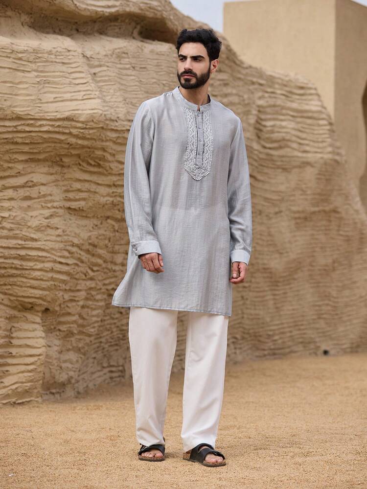 Light Grey Mid-Length Long Sleeve Shirt With Collar Decor Design For Men, Spring/Summer