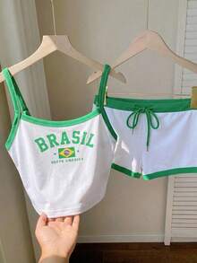 Comfortcana Conjunto de camiseta de tirantes y shorts súper cortos en los colores de la bandera de Brasil - Multicolor - Ver 7