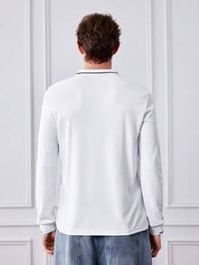 Officeau Herren Weißes einfarbiges Polohemd mit Polokragen, Langarm, Strick, Reißverschluss, Sommer, Golfhemd, leicht, atmungsaktiv, kühl, lässig, bequem, Alltagskleidung Geschenk für Vater/Ehemann - Weiss - Übersicht 2