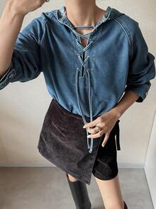 FRIFUL Blusa vaquera casual con capucha y cruce en el frente para mujer - Azul - Ver 5