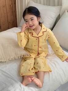 DAZY 2pcs Baby Girls' Casual Heart & Polka Dot Print Lapel Long Sleeve Shirt And Loose Pants Pajama Set Summer Toddler - Yellow - View 6