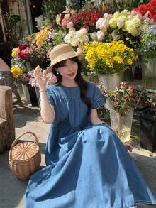 DAZY 女士圆领荷叶边清新韩风度假风牛仔连衣裙长裙 - 藍色 - 查看 8