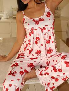樱桃印花吊带背心和裤子睡衣套装（女士） - 粉色 - 查看 2