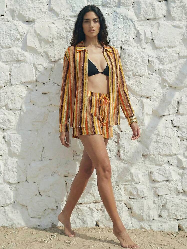 SHEIN Maija Women's Casual Single-Breasted Lapel Long Sleeve Cover Up,Vacation Outfits Women,Summer Holiday Outfits ,Beach Vacation Outfits For Women Festival Yellow Cover Ups For Swimwear