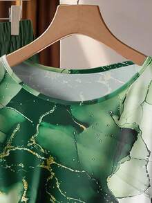 EMERY ROSE Plus Size Women Pleated Round Neck Top And Wide Leg Pants Casual 2 Pieces Set - Green - View 4