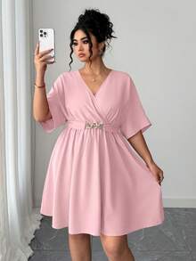 Elenzga Women's Casual V-Neck Cinched Waist Waist Short Elegant Red Evening Dress, Summer - Baby Pink - View 3