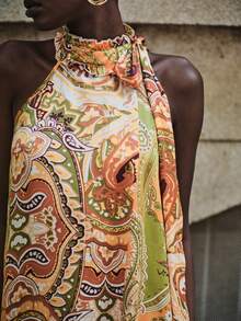 Lumivelle Áo hai dây nữ dáng suông, chất liệu satin, họa tiết Paisley nhiều màu, cổ yếm cao, bèo nhún, thắt nơ to bản, vạt áo bất đối xứng, xòe rộng, lưng hở, thanh lịch, gợi cảm, sang trọng, lãng mạn, thường ngày, phong cách boho, nghỉ dưỡng, thích hợp cho mùa xuân/hè. - Nhiều màu - Xem 4