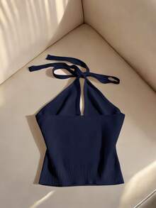 Franclia 女士极简纯色露背系带蝴蝶结无袖性感优雅串珠修身针织套头衫，春夏款 - 藏蓝色 - 查看 2