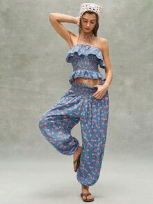 Bohemela 女士度假休闲碎花荷叶边抹胸上衣和裤子两件套 - 藍色 - 查看 5