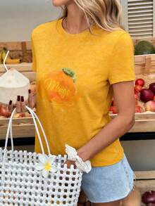 Selianne 女士时尚圆领短袖T恤，针织面料，趣味图案，适合日常通勤、聚会、外出、夏季音乐会等各种场合 - 黃色 - 查看 5