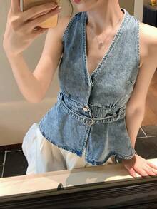 DAZY 女士V领韩版做旧牛仔休闲上衣 夏季 - 藍色 - 查看 8
