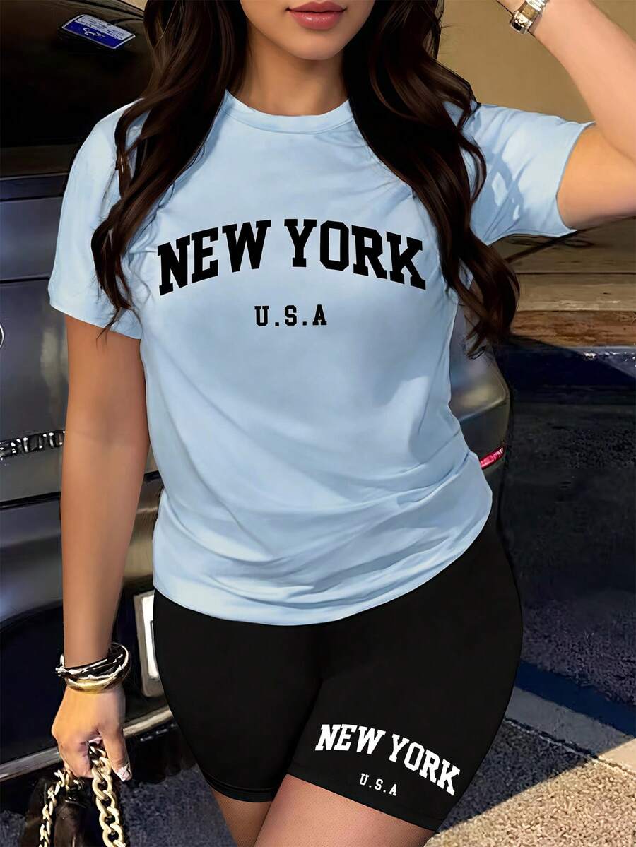 Rovax 2pcs Women's Casual Commuting Letter Print Short Sleeve T-Shirt And Cycling Shorts Set, Summer - Multicolor - View 1