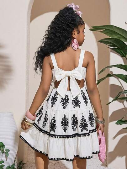 Ärmlös klänning med tropiskt tryck och ihålig rosett i midjan för tweenflickor, avslappnad, moderiktig, mångsidig, lämplig för fest, utflykt, systerfotografering, park, camping, semester, daglig fritid