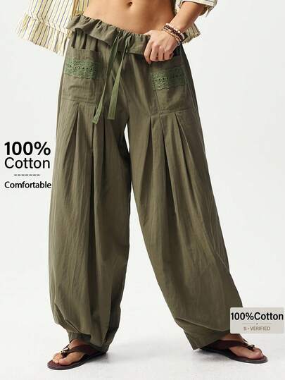 Bohemela Women's Casual Solid Color Woven Loose Pants