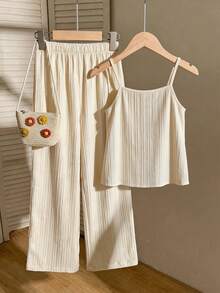 Emery Rose Kids Emery Rose Kids 2pcs/Set Young Girl  Sleeveless Top And Casual Pants In Light Yellow Beige Two Piece Set Cream Two Piece Set Pleated Set Two Piece Set Summer Two Piece Set Young Girl Ruffled Sleeveless Blouse And Pleated Loose Fit Trousers Ensemble Child Summer Outfit Summer Outfits Summer Tops - Blue - View 7