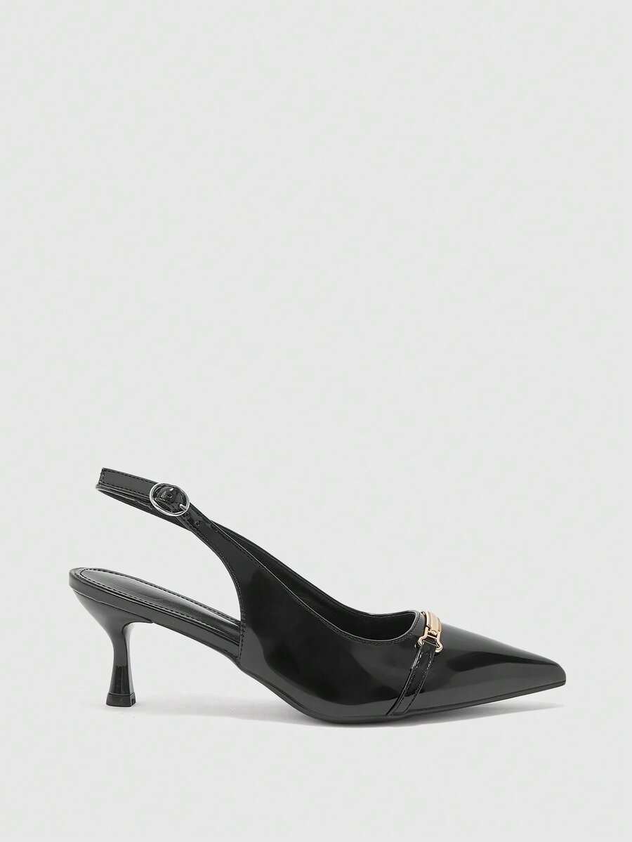 CUCCOO BIZCHIC Tacones altos versátiles de tacón fino y correa trasera con botones, elegantes para la oficina - Negro - Ver 1