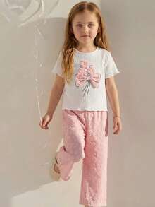 Playful Pals 两件套女童针织提花白色3D立体花卉图案短袖上衣和松紧腰休闲裤，适合春夏休闲穿着和户外活动 - 粉色 - 查看 7