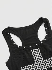 ROMWE Avant 女士复古坏女孩男女通用街头风星空铆钉印花背心 - 黑色 - 查看 3