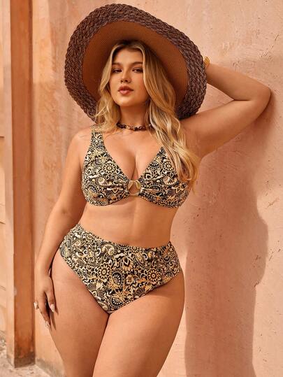 Swim Vcay Plus Size Women's Minimalist Beach Vacation Casual Vintage Random Print V-Neck Ring Decor 2-Piece Swimsuit Set