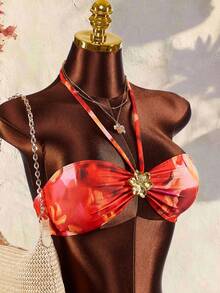 Amplova Conjunto de 3 piezas de traje de baño de mujer con efecto tie-dye rojo, con accesorios metálicos, sexy y vanguardista, adecuado para vacaciones en la playa, sexy y lindo con estampado floral - Multicolor - View 3