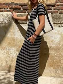 Selamara 休闲度假条纹短袖连衣裙 - 深灰色 - 查看 3