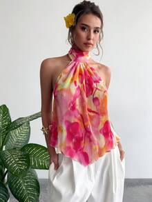 Aloruh 女士印花褶皱露背吊带上衣，度假风夏季海滩装扮，适合女士海滩度假、波西米亚热带音乐会、锐舞节、乡村音乐会、伊比沙岛、纳什维尔等场合，西部牛仔服饰，波西米亚街头风，热带风情，可爱夏季印花褶皱露背上衣，性感度假海滩装扮。 - 粉色 - 查看 6