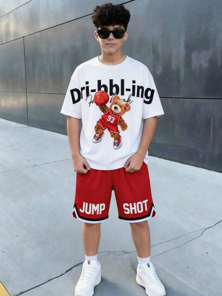 SHEIN 青少年男童宽松街头风短袖短裤套装 - 白色 - 查看 1