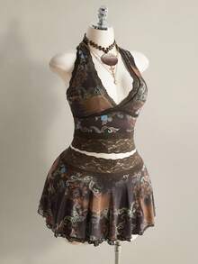 SHEIN ICON 大码 Y2K 佩斯利复古印花露背蕾丝装饰短款上衣和 A 字连衣裙两件套，适合音乐节、波西米亚风、复古风、夏季、蒸汽朋克风、Anthropologie 风格、波西米亚风等各种场合。 - 棕色 - 查看 8