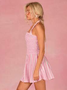 Athîral Women's Vacation Casual Pink Striped Backless Halter Mini Dress, Summer Dress,Picnic Dress, Pink Vacation Dress,Cute Dress,Outdoor Wear - Pink - View 6