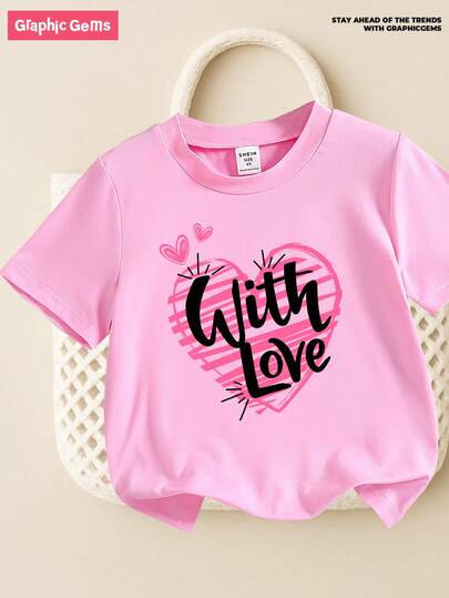 GraphicGems Young Girls' Letter & Cartoon Graphic Round Neck Short Sleeve T-Shirt, Pink Heart Shape Graphic Tee, Ideal For Everyday Wear, Girls Casual Cute Graphic Tee, Suitable For All Seasons