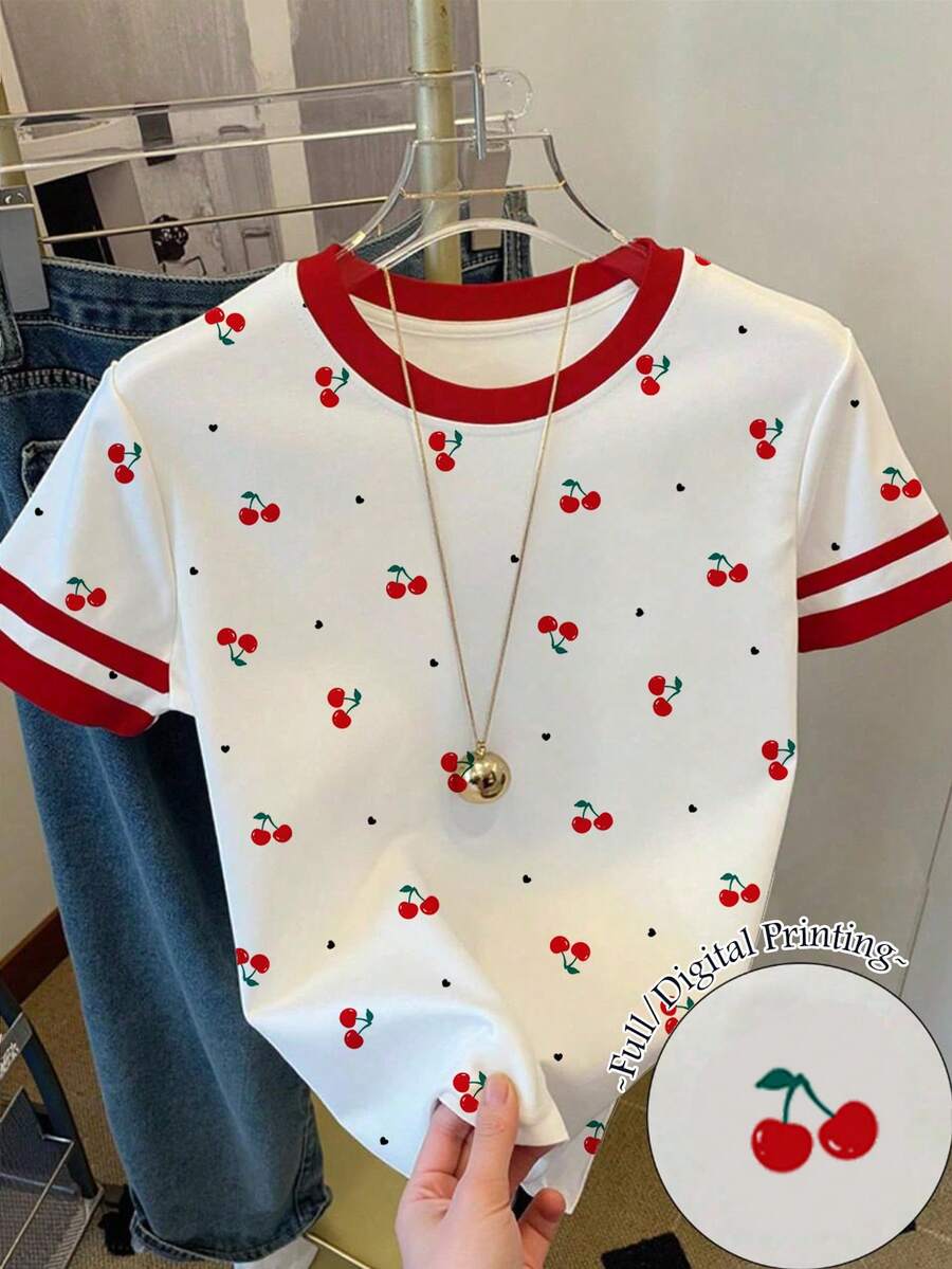 少女休闲可爱樱桃图案，红白撞色印花基础款短款T恤，舒适百搭，适合春夏日常穿着 - 彩色 - 查看 1