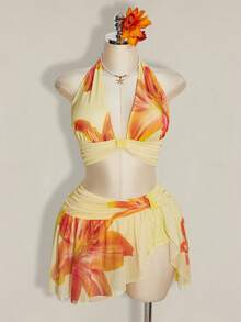 SHEIN ICON 大码女式Y2K度假风印花露脐吊带上衣和低腰印花迷你裙套装，夏威夷伊比沙岛度假装，女士沙滩派对装，女士夏季套装，夏季假日装，女士夏季服装 - 淡黃色 - 查看 3