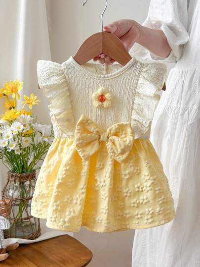 Newborn Baby Girl White Sleeveless Lace Collar Patchwork Pink Bow Dress New Elegant Retro Cute Fabric Comfortable