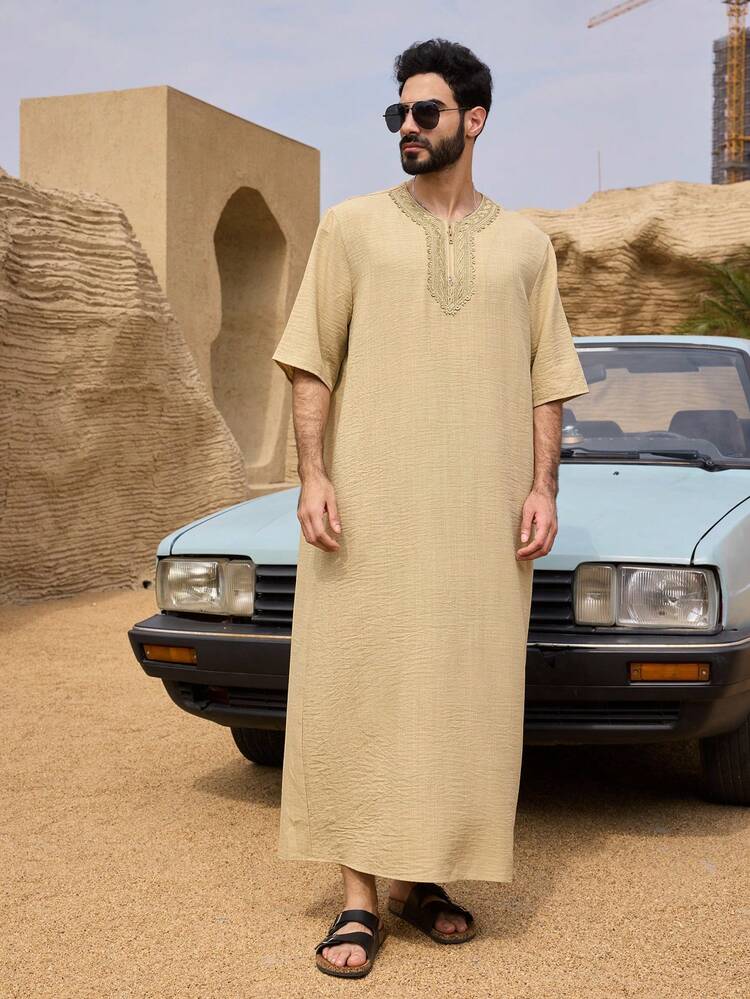 Spring Mid-Length Khaki Short Sleeve Shirt With Collar Decoration Design For Men