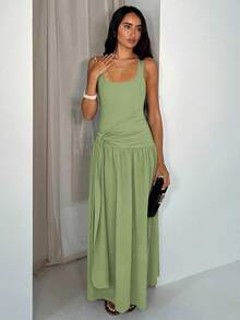 Glamine Sage Green Square Neck Sleeveless Ruched Maxi Dress,Elegant Summer Dinner Date Outfits,Prom Graduation Wedding Party,Resort Vacation Casual Style - Green - View 1