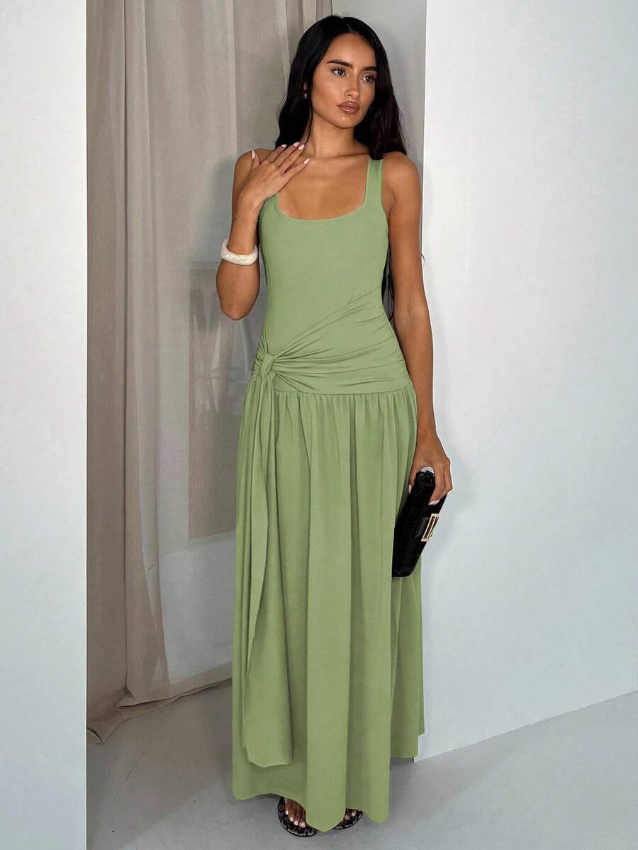 Glamine Sage Green Square Neck Sleeveless Ruched Maxi Dress,Elegant Summer Dinner Date Outfits,Prom Graduation Wedding Party,Resort Vacation Casual Style - Green - View 1