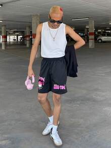 Ngobest Haus Ngobest Haus Men's Slogan Cartoon Character Printed Drawstring Waist Casual Shorts, Football Style - Black - View 6